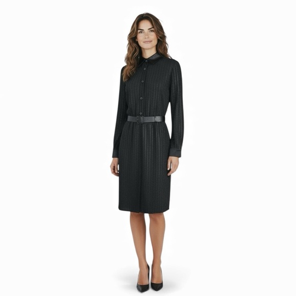 ST JOHN Evening Black Long-Sleeve Belted Shirt Dress • Sparkle Knit • Satin NWT - Picture 1 of 17